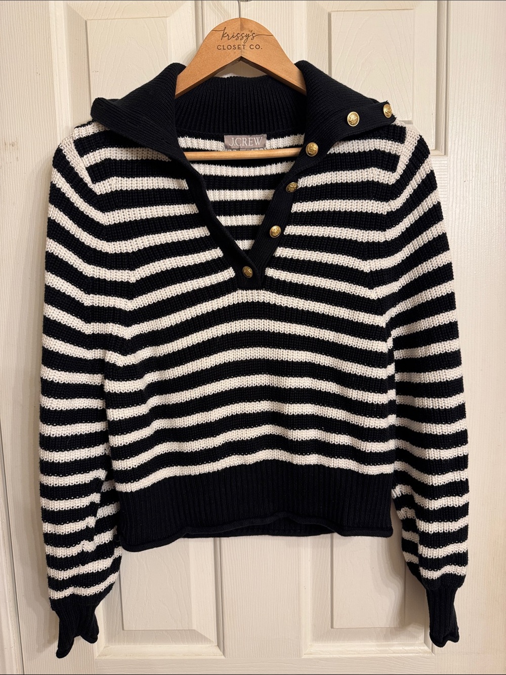 J. Crew Black & White Striped Button-Shoulder Turtleneck Sweater